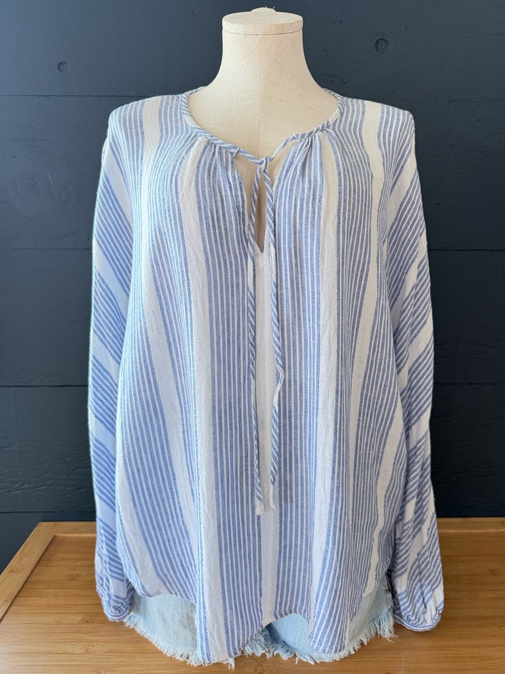 Rails Finn Levanto Stripe Blue White Striped Tie Neck Long Sleeve Blouse Large